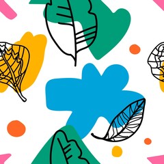 Seamless vector pattern with tropical leaves in bright shapes.Print with plants and abstract hand drawn spots in trendy colors.Designs for textiles,wallpaper,social media,web,packaging,wrapping paper.