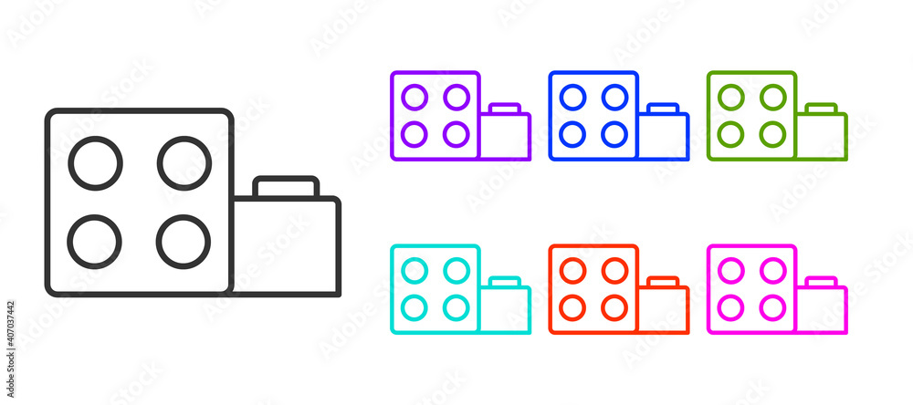 Poster black line toy building block bricks for children icon isolated on white background. set icons color