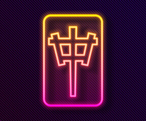 Obraz premium Glowing neon line Mahjong pieces icon isolated on black background. Chinese mahjong red dragon game emoji. Vector.