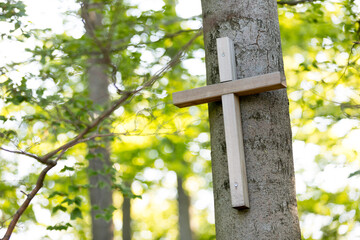 Hölzernes Kreuz als Gedenken am Baum