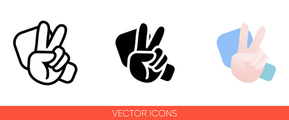 Fototapeta premium Peace sign hand with fingers on the background of blue rectangles icon of 3 types color, black and white, outline. Isolated vector sign symbol.