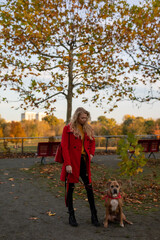 Schöne Frau im Park bei Herbst