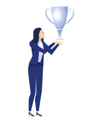 elegant businesswoman worker with trophy cup character