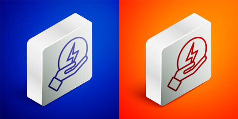 Isometric line Lightning bolt icon isolated on blue and orange background. Flash sign. Charge flash icon. Thunder bolt. Lighting strike. Silver square button. Vector.