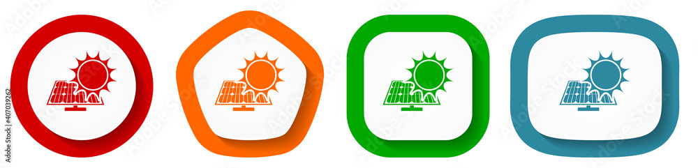 Aufkleber sun over solar panel vector icon set, flat design buttons on white background