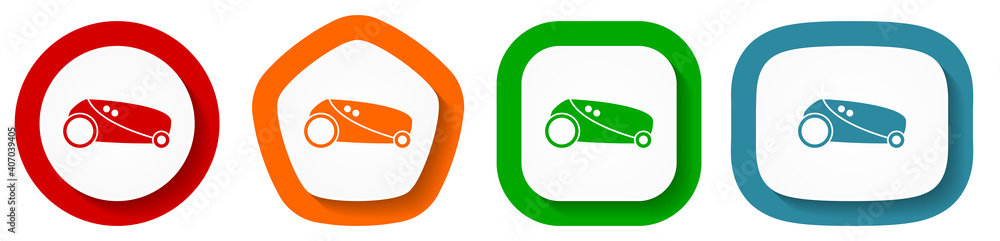Poster robot, automatic grass mower vector icon set, flat design buttons on white background