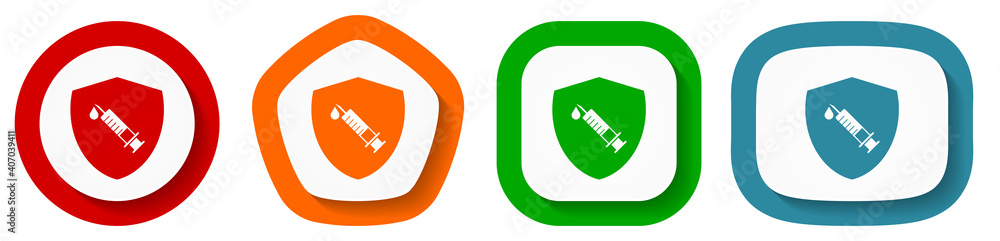 Aufkleber vaccine shield concept vector icon set, flat design buttons on white background