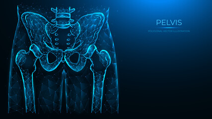 Abstract polygonal vector illustration pelvis and hip. X ray of the hip joint made from lines and dots, isolated on a blue background. - obrazy, fototapety, plakaty