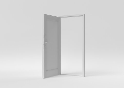 White door Open entrance to creative ideas or new life in white background. minimal concept idea creative. 3D render.