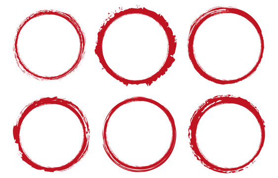set of red round brush painted ink stamp circle banner on transparent background	