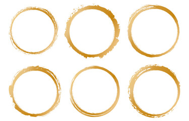 set of gold round brush painted ink stamp circle banner on transparent background	