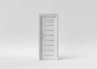 Closed White Door on white background. minimal concept idea creative. monochrome. 3D render.