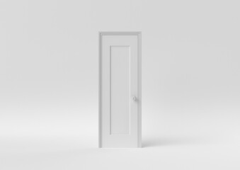 Closed White Door on white background. minimal concept idea creative. monochrome. 3D render.