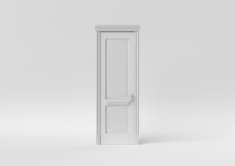 Closed White Door on white background. minimal concept idea creative. monochrome. 3D render.