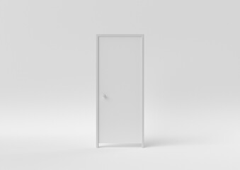 Closed White Door on white background. minimal concept idea creative. monochrome. 3D render.