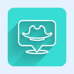 White line Location pirate icon isolated with long shadow. Green square button. Vector.
