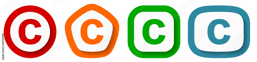 Poster copyright vector icon set, flat design buttons on white background