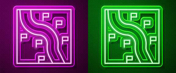 Glowing neon line Route location icon isolated on purple and green background. Train line path of train road route with start point GPS and dash line. Vector.