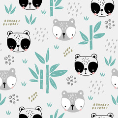 Seamless pattern with funny panda bear faces . Perfect for fabric, wrapping, textile, wallpaper, apparel - 407041209