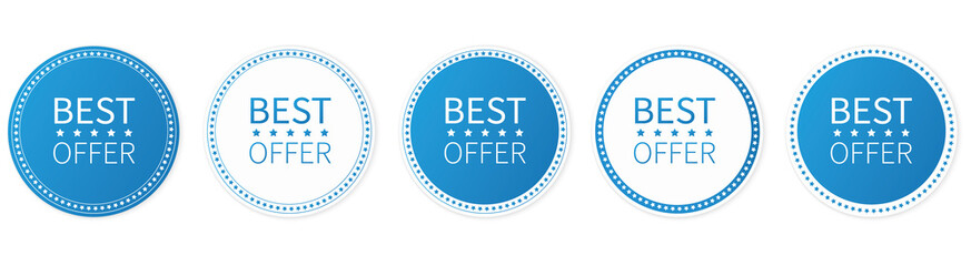 set of blue round sticker banners with BEST OFFER text on white background	
