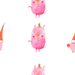 Seamless pattern illustrations with two  pink pigs with christmas hats isolated on white background