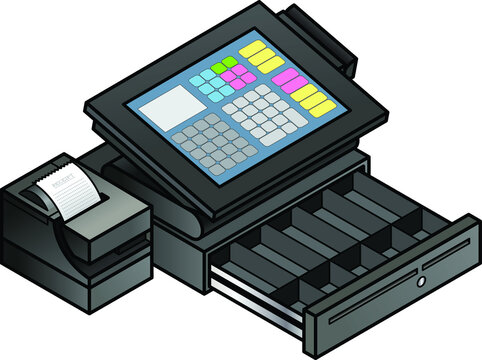 A Slim Profile Touchscreen Point Of Sale Terminal With A Card Reader, Receipt Printer, And Cash Drawer. Cash Drawer Is Shown Open And Empty.