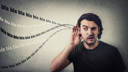 Curious and gossipy man, hand to ear gesture, trying to listen distant nonsense conversations,...