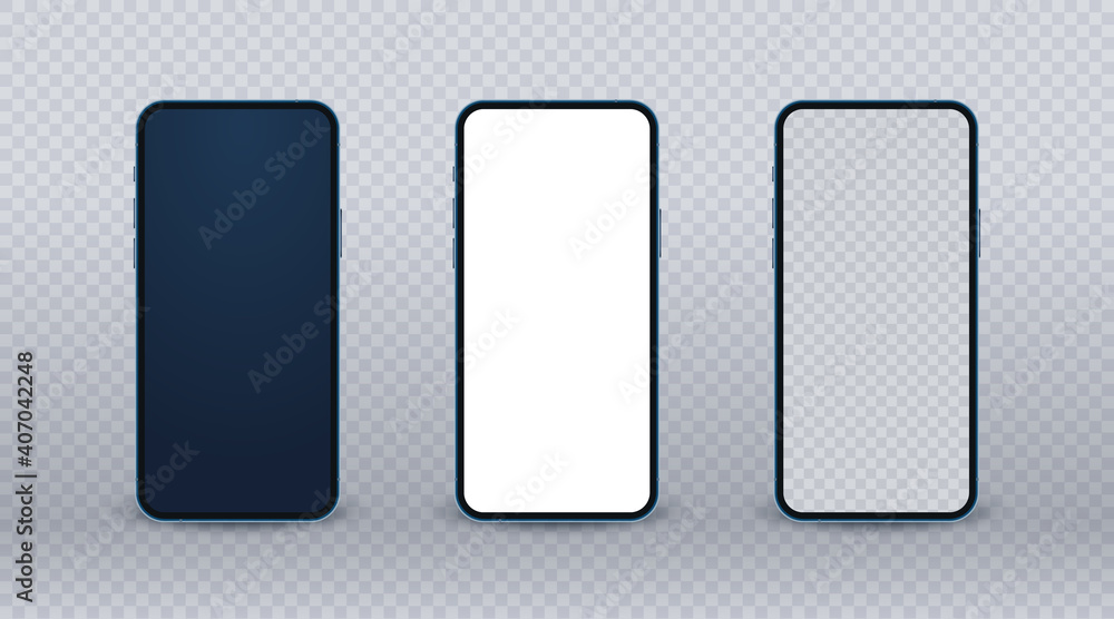 Poster blue smartphone mockup, realistic mobile phone set with modern thin frame and blank screen on transp