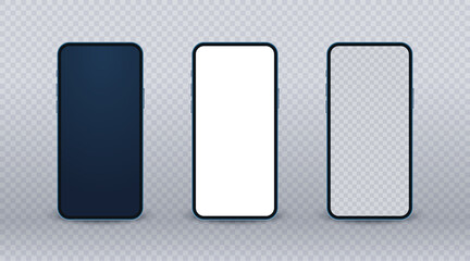 Blue smartphone mockup, realistic mobile phone set with modern thin frame and blank screen on transparent background. Front view of new glass cellular display for show your app design.