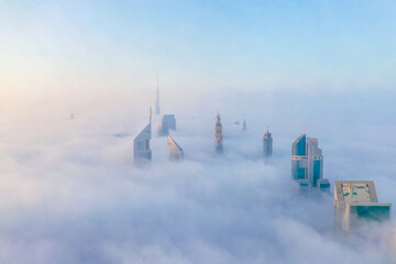 Dubai city skyline in dense fog