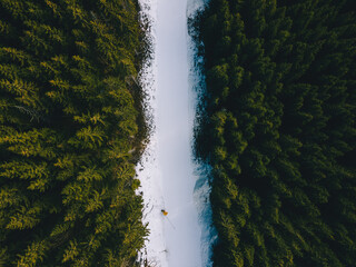 overhead top view of snowed ski slope