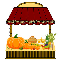 Farmer street shop. A lot of food, wine, cheese, vegetables, fruits. Old urbanstyle landscape. Flat design. Vector illustration