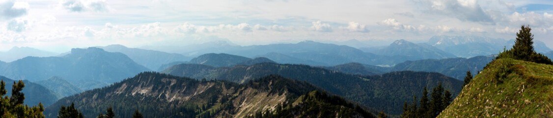 Panorama view from mountain Hochgern with lake Chiemsee in Bavaria, Germany
