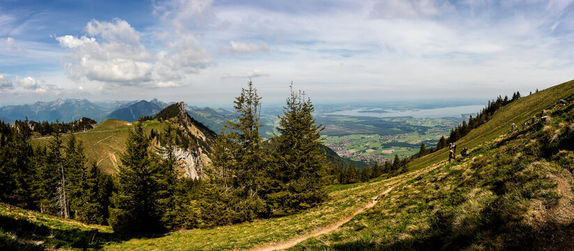 Panorama view from mountain Hochgern with lake Chiemsee in Bavaria, Germany