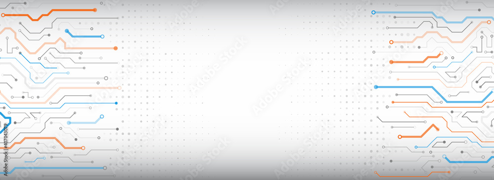 Aufkleber Hi-tech circuit board design innovation concept. Abstract futuristic wide communication vector illustration. Sci-fi technology on the grey background. Template for banner or presentation.
