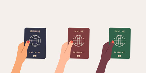 Colorful human hands holding Covid-19 various colored immune passport collection , vaccinated, coronavirus negative result, vaccination certificate. Modern vector illustration flat style. New reality.