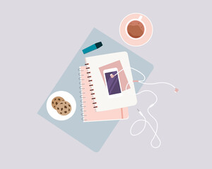 Top view empty notepad, laptop, smartphone, cookies, cup of coffee, highlighter and earphones on background. Modern vector workplace organization for productivity. Blogger, influencer desk concept. 