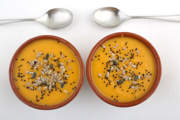 pumpkin hot cream soup as vegan healthy food