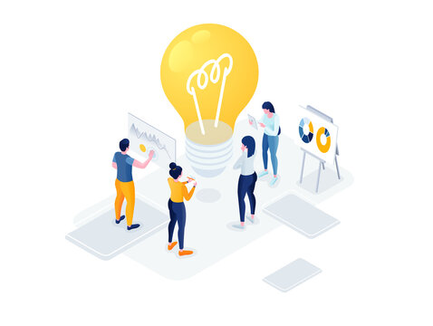 Idea Flat isometric vector business illustration. small people characters develop creative business idea. Isometric big light bulb as metaphor idea. Graphics design for posters, flyers and banners