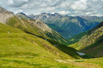 Mountain landscape along the road to Stelvio pass (Lombardy) at summer