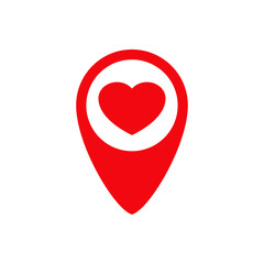 Logotipo silueta de corazón con puntero de mapa en color rojo