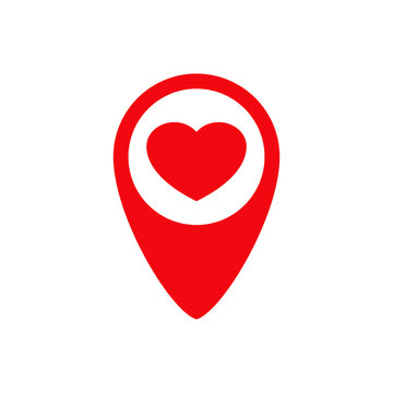 Logotipo silueta de corazón con puntero de mapa en color rojo