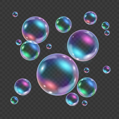 Rainbow colorful underwater bubble isolated on transparent background. Realistic vector illustration of air or soap water bubbles with reflections. Floating iridescent shiny shampoo foam balls