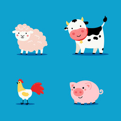 Set of cute cartoon farm animals isolated on blue background. Farm animals and bird in trendy flat style, including cow, sheep, rooster, pig. Vector illustration design for cards, stickers, prints. 