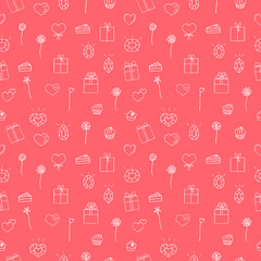 Seamless pattern of holiday greetings and gifts, gift boxes, hearts, crystals, flowers and cakes, vector doodle illustration, pink and white