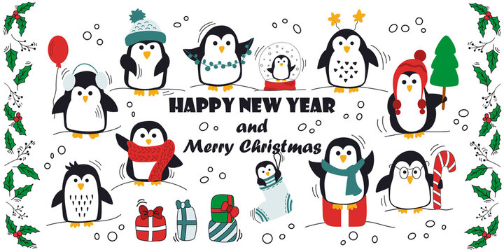 Hand-drawn cute penguins collection. Image for congratulations Happy New Year and Merry Christmas. Set of penguins, gifts and winter twigs isolated on a white background.