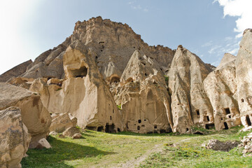 Landscape detail from outside of Selime monastery which is a huge church size of cathedral carved in a stone cave, near Ihlara valley at Cappadocia, Anatolia, Turkey