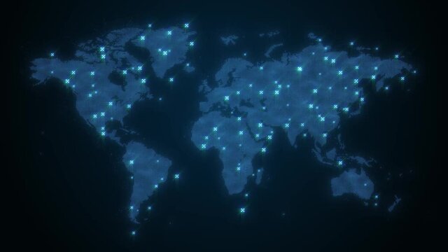 World Map Waving Global Technology Background/ 4k animation of a hi-tech background with technology world map waving and random target icons showing outlines and dots connected