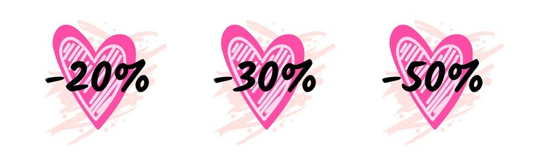 Colorful Vector discount icon set in shape of heart and paintbrush splash isolated on white background. -20%, -30%, -50%. For seasonal sale, marketing campaign, banner, label, flyer, sticker.