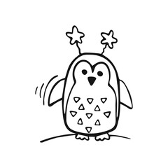 Cute penguin hand-drawn doodle in a holiday accessory isolated on a white background. Image